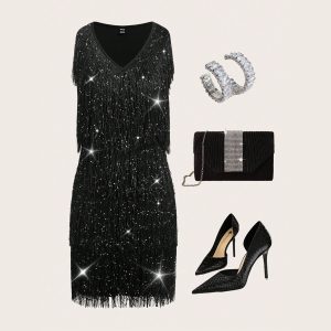 Rochie de petrecere fără mâneci cu franjuri